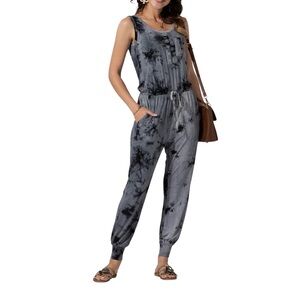 Gray Tie-Dye Sleeveless Jumpsuit | M | Wekili Henley Drawstring